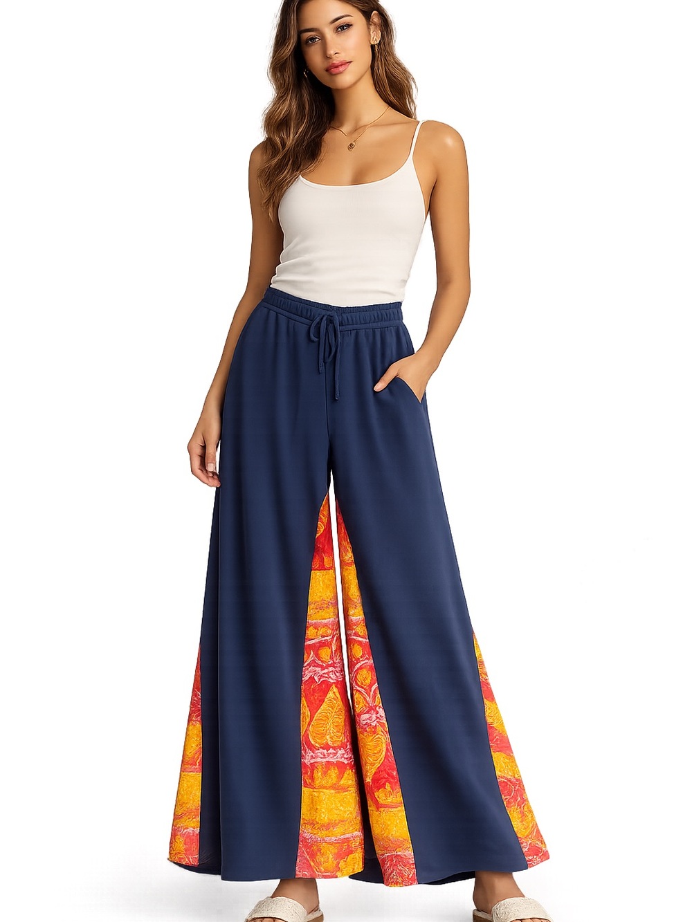 Boho Wide-Leg Navy Palazzo Pants with Colorblock Inset size M